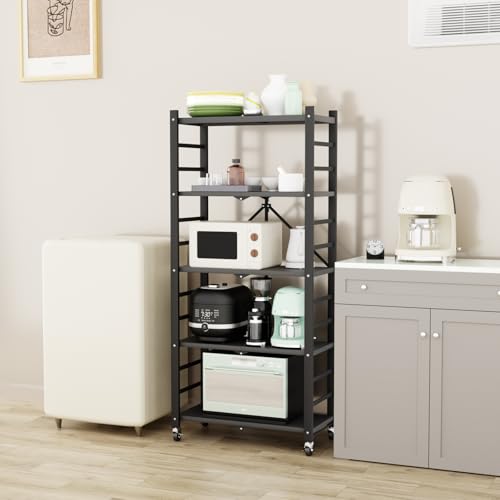 YASICA 折り畳みラック 5段 収納ラック レンジ台 キッチンラック 360°回転式キャスター付き 移動便利 折りたたみ キッチン収納ラック コンパクト 多機能 大容量 スチールラック 棚 ラック 組み立て簡単 倉庫 会社 家庭 業務用 71*34*156cm (ブラック)