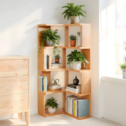 YASICA 本棚 大容量 おしゃれ 絵本棚 ブックシェルフ 漫画棚 オープンラック 本棚 コミック 5 段 コーナー収納 省スペース 強承重 木製 ホルムアルデヒドフリー 角丸め 安全性が高い 全面接地設計 安定性が高い 組み立て簡単 リビング ベッドルーム 書斎など多様な収納に対応 （40×40×130cm 木色）