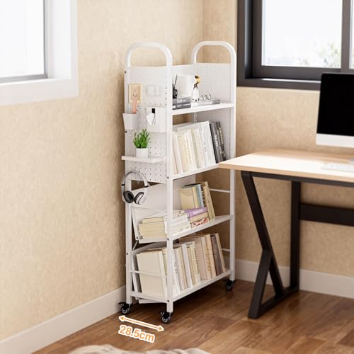 YASICA 本棚 オープンラック オープンシェルフ 可動式多層収納ラック 書棚 収納棚 4段 ブックスタンド 有孔ボード付き キャスター付き 大容量 スリム本棚 斜め置き おしゃれ 省スペース お手入れが簡単 簡単組み立て 多用途 あらゆるスペースに最適 70cm×28.5cm×145cm (ホワイト)