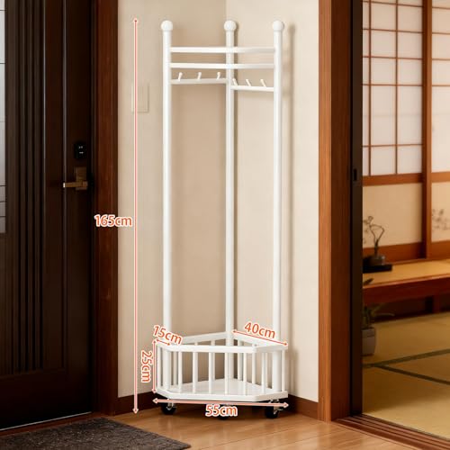 YASICA コートハンガー ハンガーラック キャスター付き バスケット付き 大容量 コーナーコートラック 独立型 コーナー洋服ラック 棚付き 組立簡単 スチール製 頑丈 家庭用 寝室 リビングルーム 玄関用 耐荷重60kg 55×40×165cm (ホワイト)