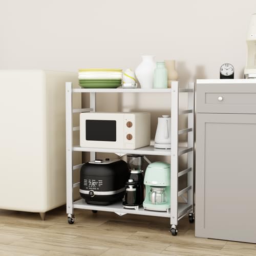 YASICA 折り畳みラック3段 収納ラック レンジ台 キッチンラック 360°回転式キャスター付き 移動便利 折りたたみ キッチン収納ラック コンパクト 多機能 大容量 ストッパー付き 組み立て簡単 炭素鋼製 丈夫で耐久性がある 高耐荷重 倉庫/会社/家庭/業務用 71*34*85cm (ホワイト)