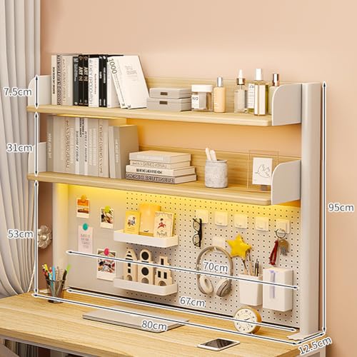 PFLife 机上ラック 卓上ラック 有孔ボード付き デスク上収納ラック ペグボードつき デスクシェルフ デスク上置棚 クランプ式 多機能 小物入れ 白 オーク 二段/三段 簡単組立 スペース活用 可愛いい おしゃれ (クランプ式-ナチュラル, 2段-高さ95幅80cm)
