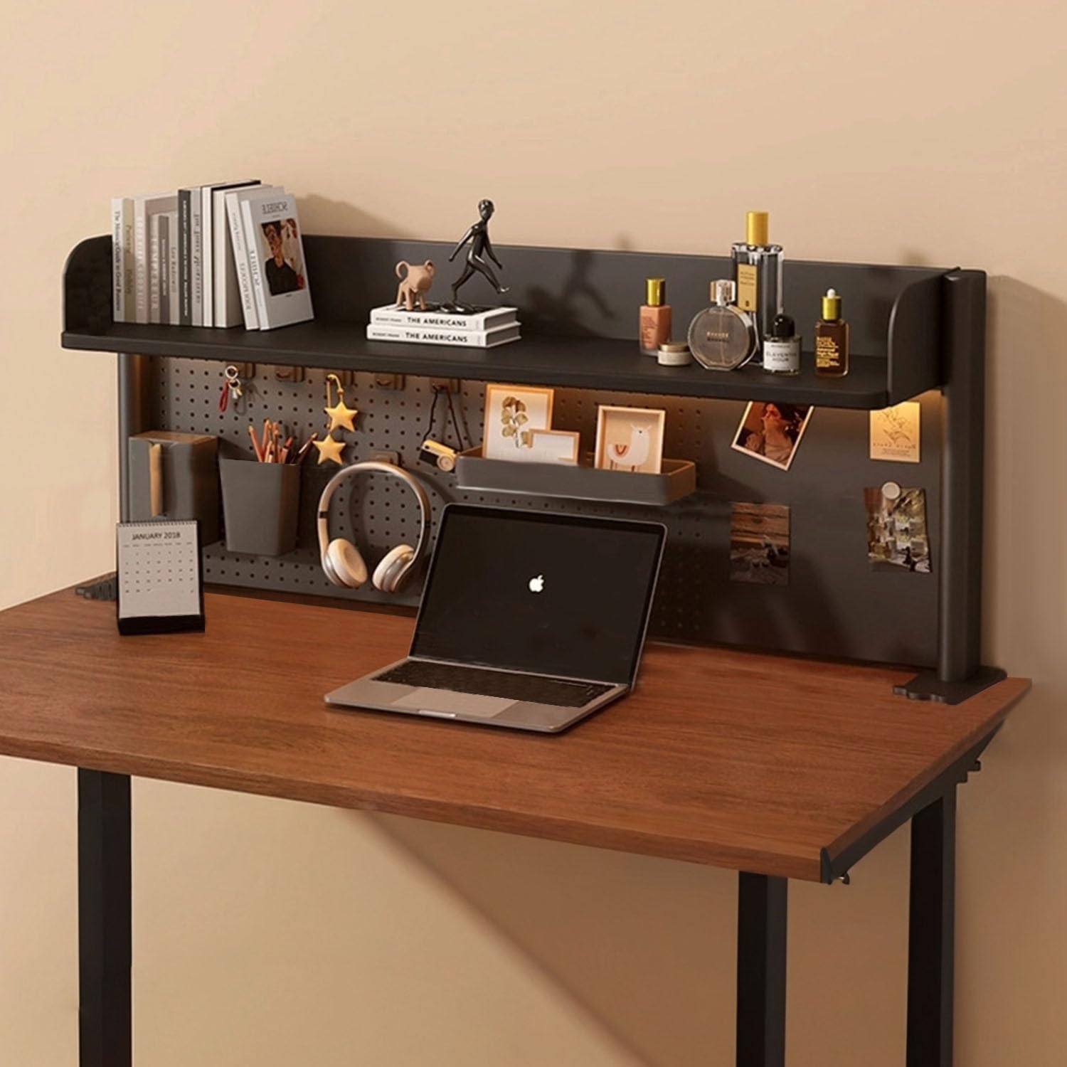 机上ラック デスク上置き棚 有孔ボード付き 大容量 卓上収納 小物置き おしゃれ 小物整理 省スペース 空間活用 小物入れ 黒 オーク 二段/三段 簡単組立 可愛いい おしゃれ（黒,63*80cm)