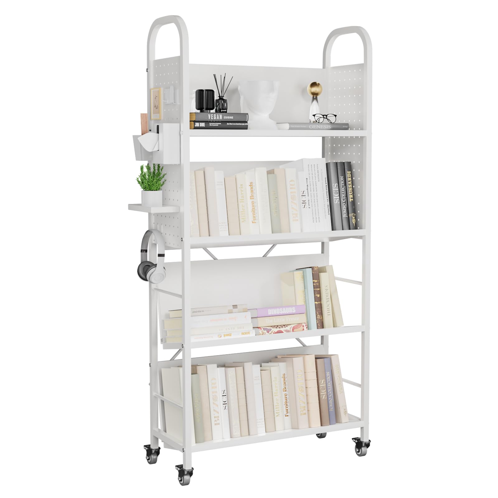 YASICA 本棚 オープンラック オープンシェルフ 可動式多層収納ラック 書棚 収納棚 4段 ブックスタンド 有孔ボード付き キャスター付き 大容量 スリム本棚 斜め置き おしゃれ 省スペース お手入れが簡単 簡単組み立て 多用途 あらゆるスペースに最適 70cm×28.5cm×145cm (ホワイト)
