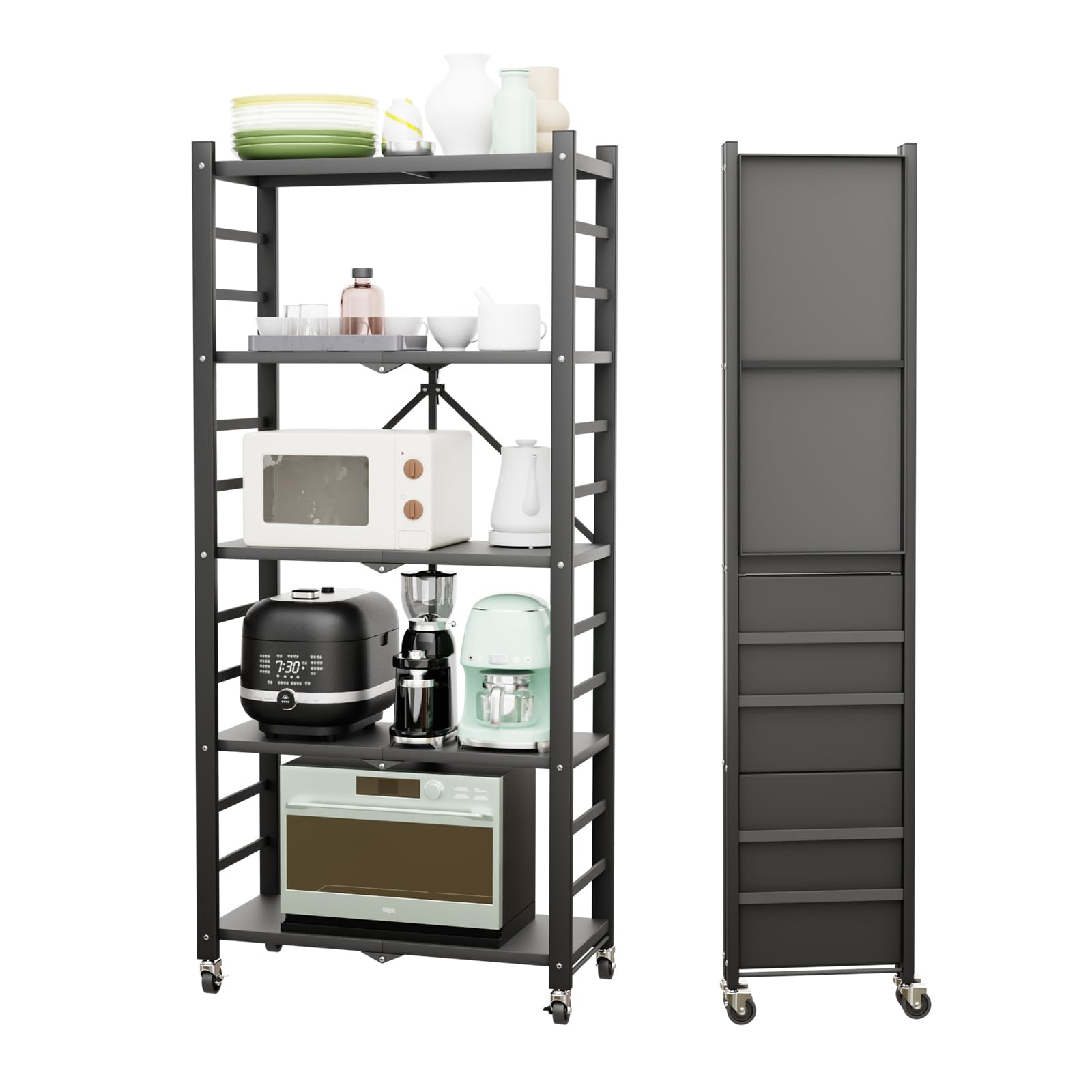 YASICA 折り畳みラック 5段 収納ラック レンジ台 キッチンラック 360°回転式キャスター付き 移動便利 折りたたみ キッチン収納ラック コンパクト 多機能 大容量 スチールラック 棚 ラック 組み立て簡単 倉庫 会社 家庭 業務用 71*34*156cm (ブラック)