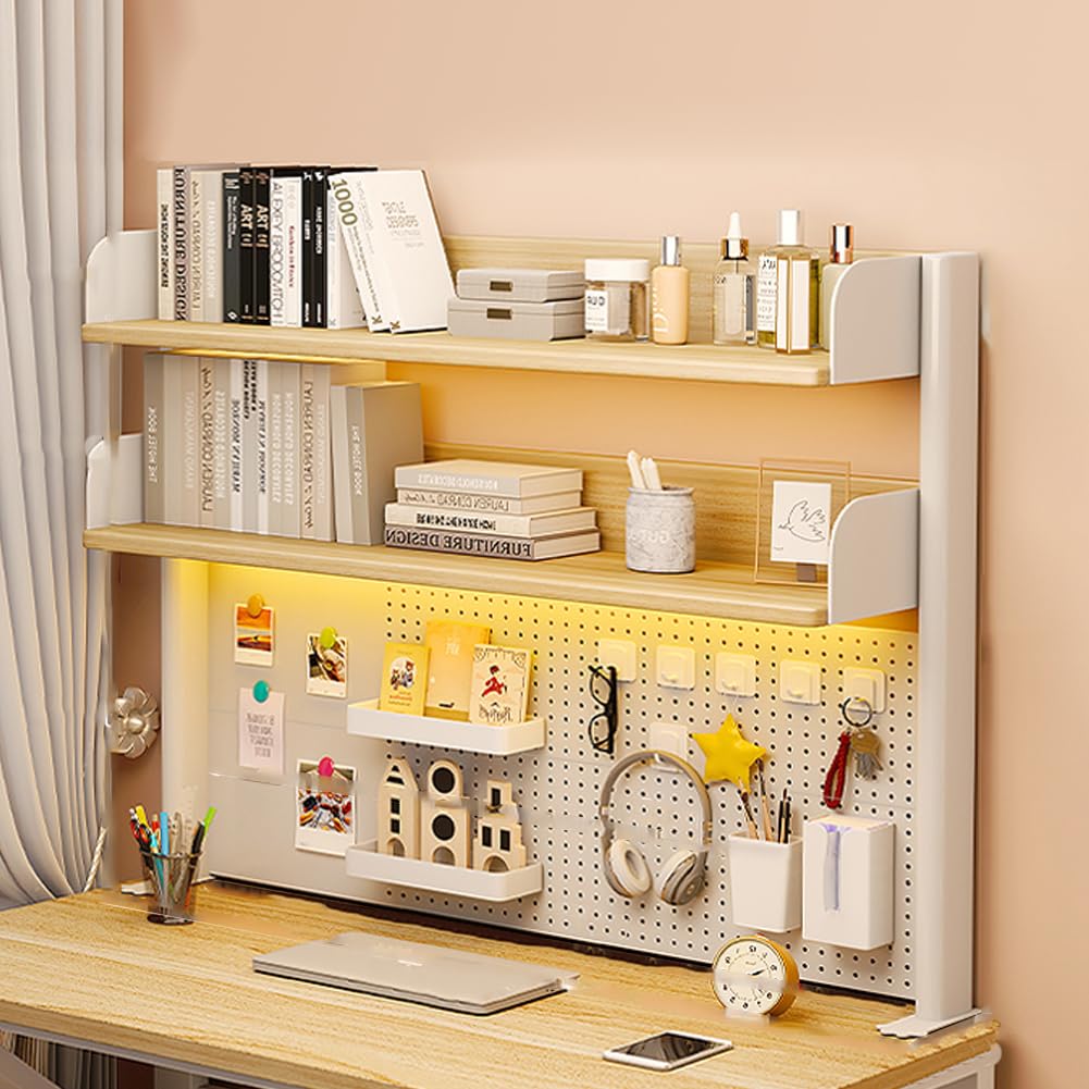 PFLife 机上ラック 卓上ラック 有孔ボード付き デスク上収納ラック ペグボードつき デスクシェルフ デスク上置棚 クランプ式 多機能 小物入れ 白 オーク 二段/三段 簡単組立 スペース活用 可愛いい おしゃれ (クランプ式-ナチュラル, 2段-高さ95幅80cm)