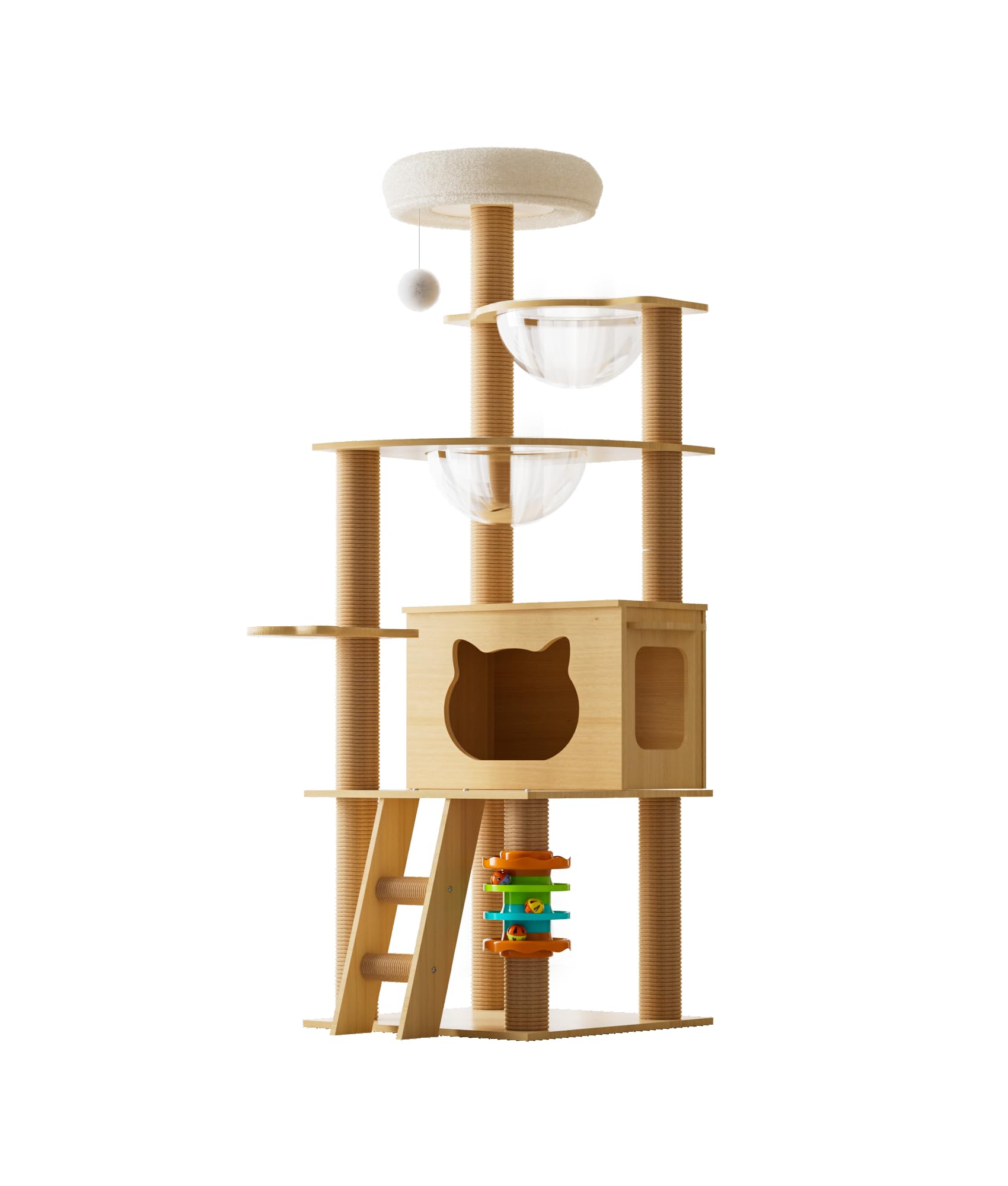 Elegaif キャットタワー 木製 猫タワー スリム 大型猫用 140cm 据え置き 省スペース 透明ボウル 宇宙船付き 多頭飼い 猫ハウス 太った猫 シニア猫 短足猫 子猫向け 見晴台 頑丈 安定感 天然麻紐 多ステップ 階段付き 爪とぎ 運動不足解消