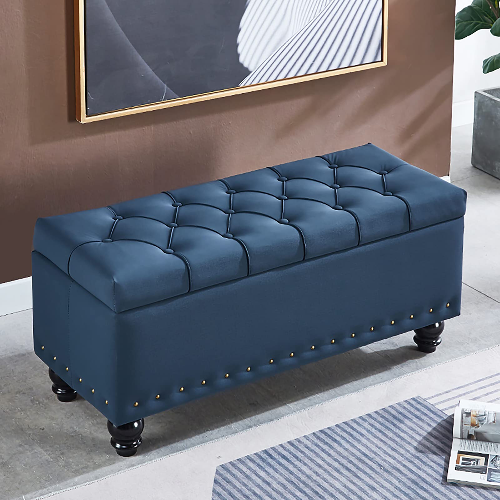 豪華な 収納 オットマン ベンチ,ベッド ベンチのフェイク レザー エンド パッド入りシート付き,プレミアム 装飾家具 フット スツール ソファ リビング ルーム ベッドルーム用-ブルー 60x40x45cm(24x16x18inch)