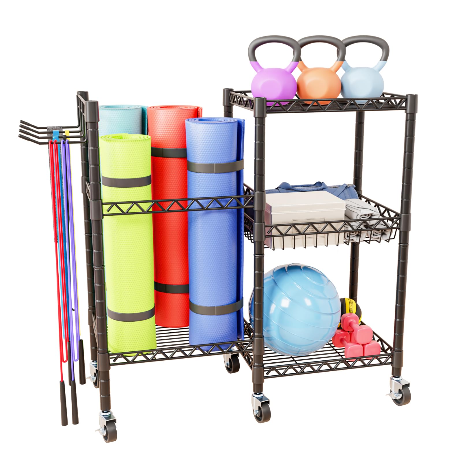 YASICA ホームジム収納ラック 3段階式 ヨガマット収納ラック ヨガマットホルダー フィットネスグッズ収納 野球道具 収納ラック ダンベルラック フック付き ホイール付き ガレージ用スポーツボールラック スポーツ用品収納ラック 自宅 ジム用 (ブラック 91.5 x 30 x 82.5 cm)
