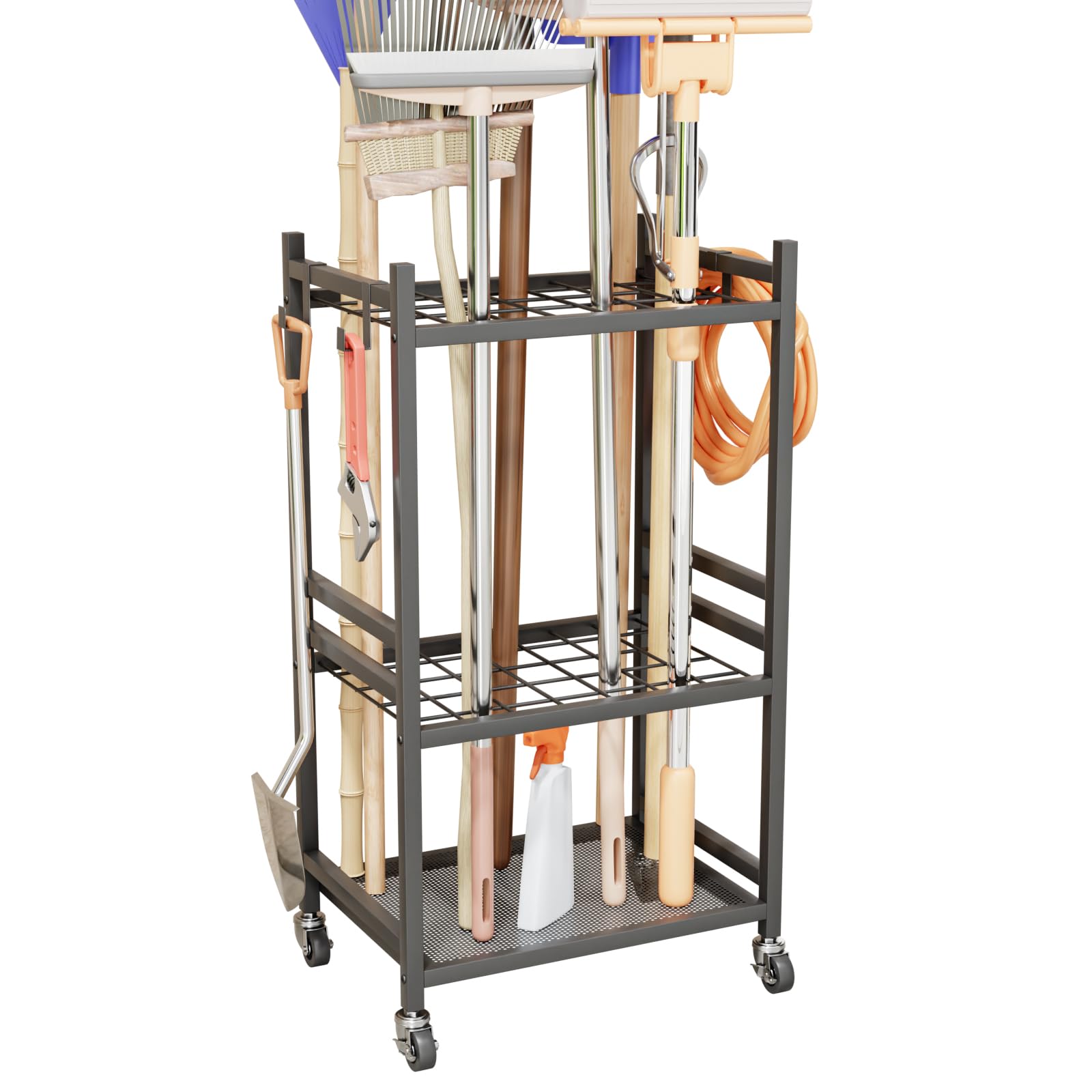 YASICA ガーデンツールオーガナイザーラック ガーデニング 棚 モップホルダー滑車付き ガーデンツールラック 収納ラック 掃除用具 収納 移動が容易 大容量 高耐久 農具 収納 多機能 倉庫 ガレージ パティオ 物置 地下室に最適 43*30*79.4cm (ブラック)