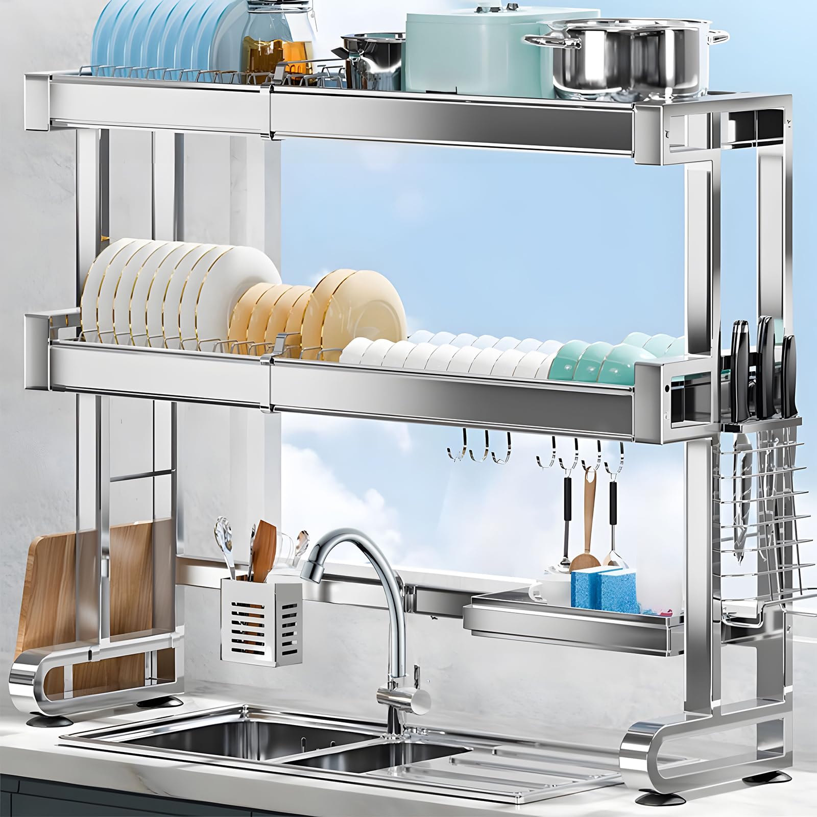 YASICA 水切りラック シンク上 2段式 伸縮 ステンレス 64～103cm伸縮 多機能 シンクうえ 滑り止め 省スペース 食器 収納 キッチン水切りラック キッチンラック シンク上水切りラック キッチンドレイナー 収納棚 強化型 高い安定性 自動排水 組立簡単 ステンレス（シルバー）
