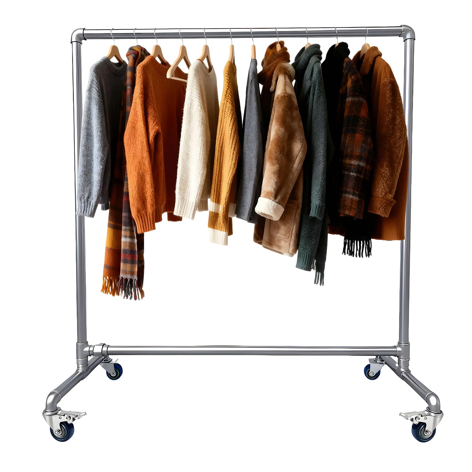 YASICA ガス管ハンガーラック 幅120cm×高さ160cm パイプハンガー スリム 洋服ラック 洋服掛け はんがーラック ハンガーポール 室内物干し 衣類収納 頑丈 強力耐荷重 キャスター付き 移動可能 ブレーキ付き 防風フック 5 個付き 簡易組立 多用途 服装売店 自宅 イベント用（シルバー ）