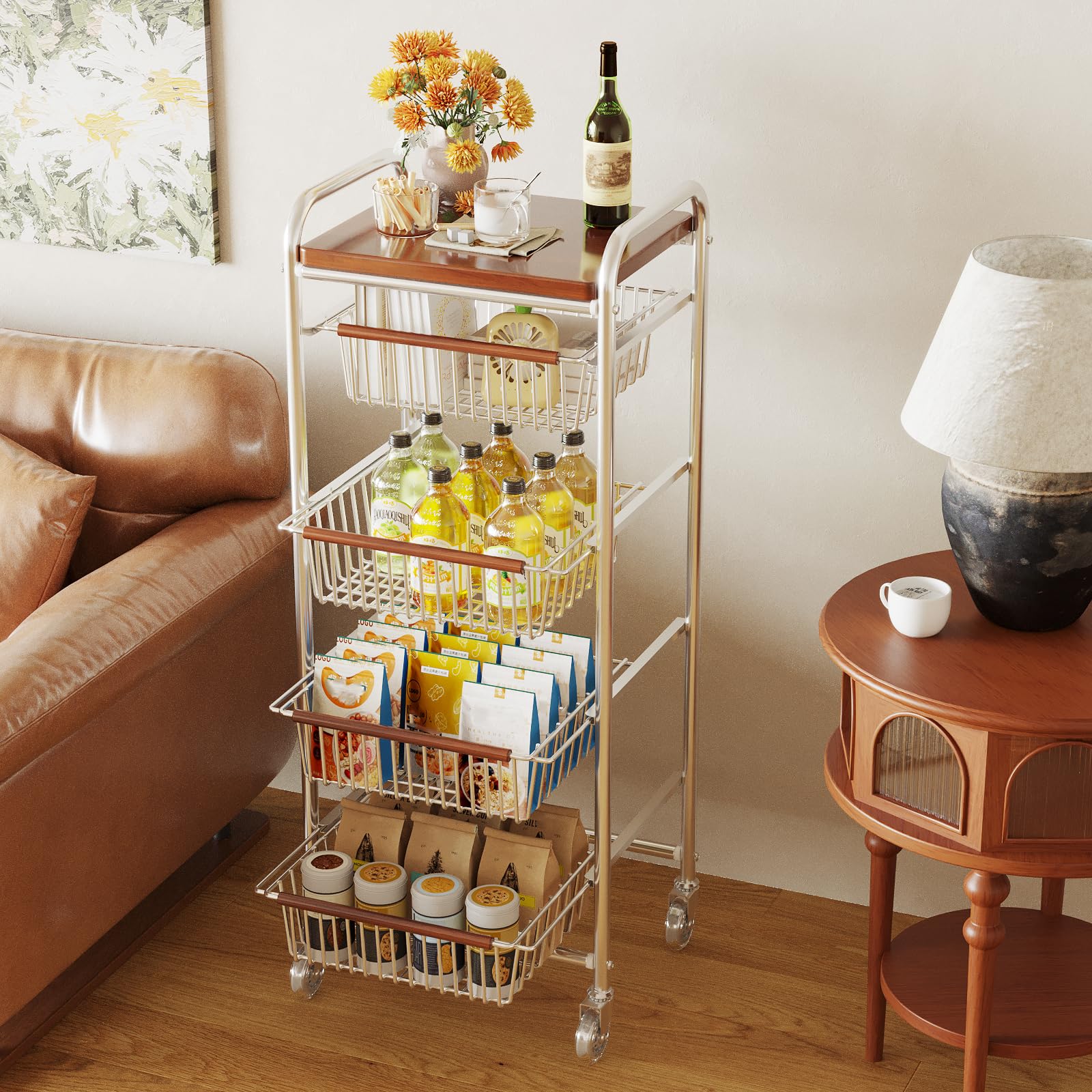 YASICA 収納ラック キッチンワゴン キャスター付きワゴン 収納ワゴン 多目的収納ラック 収納カート 5 層 4 引き出し 炭素鋼製 スリム 大容量 頑丈 調味料＆果物 可動式 取り外し可能パネル スムーズスライド引き出し キッチン リビング バスルーム向け 浴室 トイレ収納（39.5*28*89cm ブラウン + シルバー）