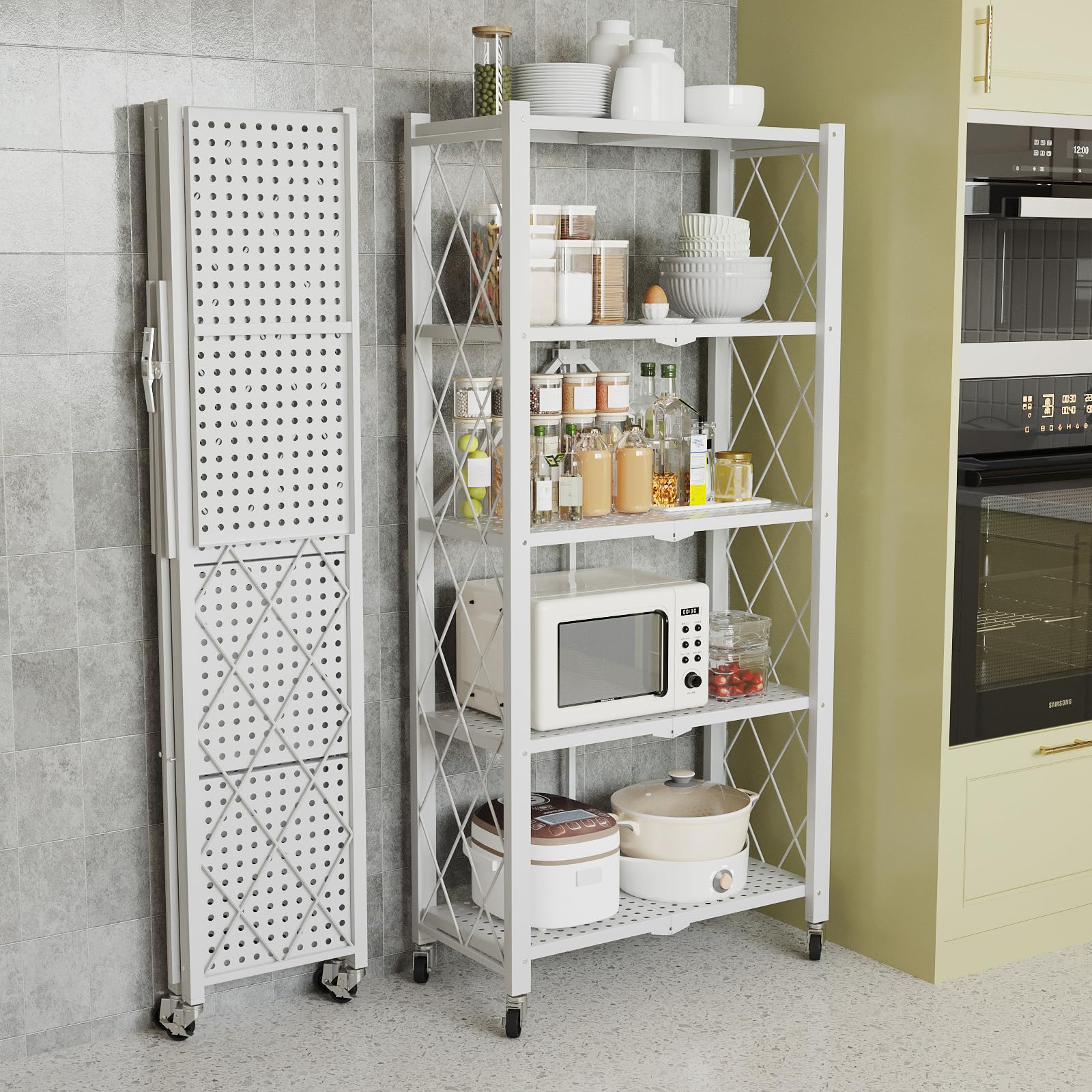 YASICA 折りたたみ式スチールラック スチールラック 収納ラック キッチンラック 5段 折り畳み キャスター付き 移動便利 食器棚 防サビ加工 安心フェンス防落設計 オープンラック キッチン収納 組み立て簡単 ダイニング キッチン ガレージ 倉庫用 耐荷重190kg 71×35×162cm (ホワイト)