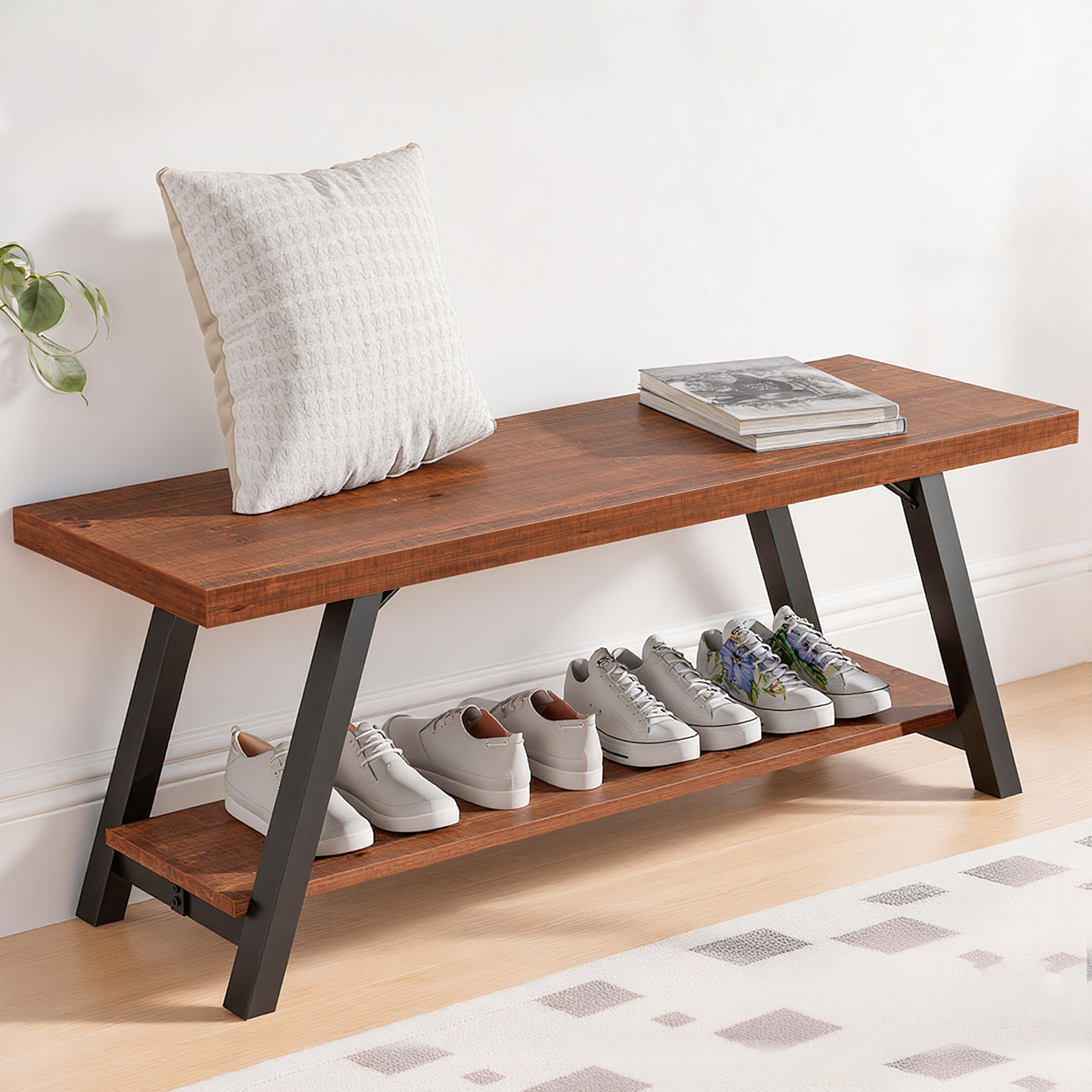 IBF 木製ベンチ ダイニングベンチ 天然木 無垢材 玄関 ベンチ 屋外 ガーデンベンチ シューズ収納 収納付き リビング 寝室 杉材 長椅子 スチール脚 シンプル 北欧風 おしゃれ 幅120cm 高さ45cm 120×36×45cm